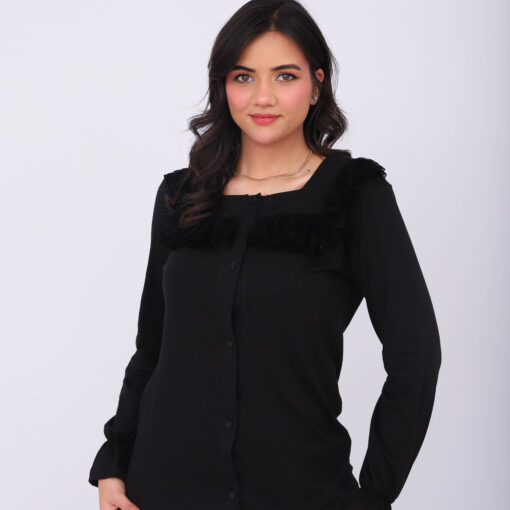 Pyjama Chemise Manches Longues Coton Noir & Dentelle Noire