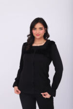 Pyjama Chemise Manches Longues Coton Noir & Dentelle Noire