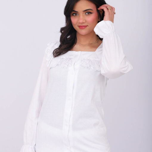 Pyjama Chemise Manches Longues Coton Blanc & Dentelle Blanche