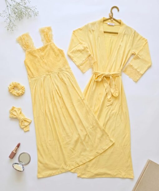 Ensemble 2 Pièces Coton Interlock & Dentelle Jaune Poussin & 2 Accessoires