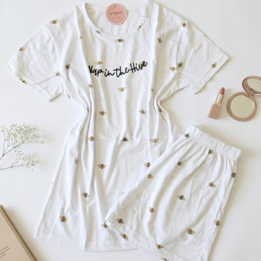 Pyjama Short Demi Manches Coton Blanc Imprimé Abeilles