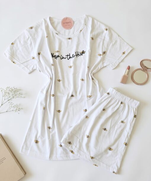 Pyjama Short Demi Manches Coton Blanc Imprimé Abeilles