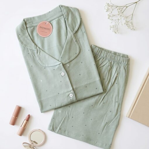 Pyjama Chemise et Short Coton Vert Doux Pointillé Étoiles