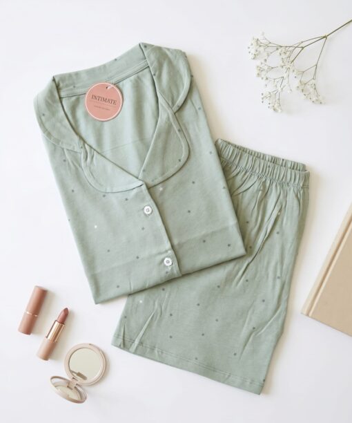 Pyjama Chemise et Short Coton Vert Doux Pointillé Étoiles