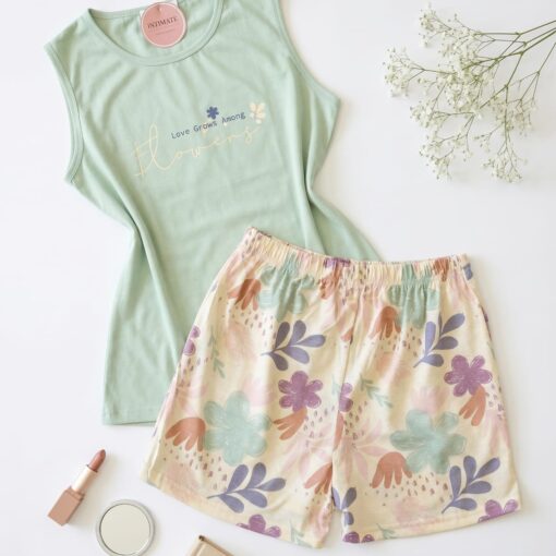 Pyjama Short Coton Vert Doux Imprimé Fleurs