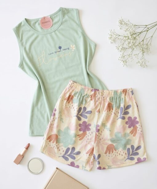 Pyjama Short Coton Vert Doux Imprimé Fleurs