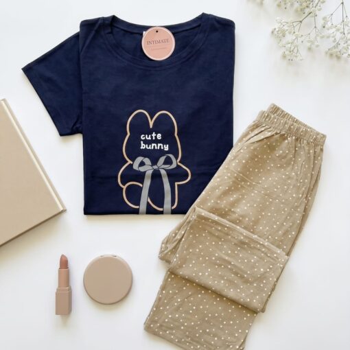 Pyjama Coton Pantacourt Beige & Bleu Cute Bunny