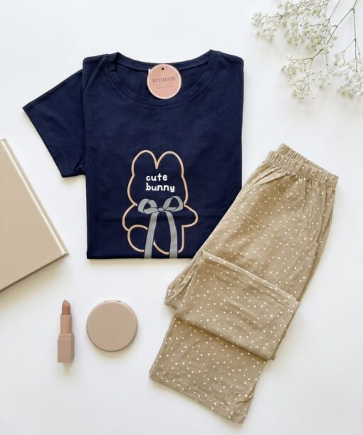 Pyjama Coton Pantacourt Beige & Bleu Cute Bunny