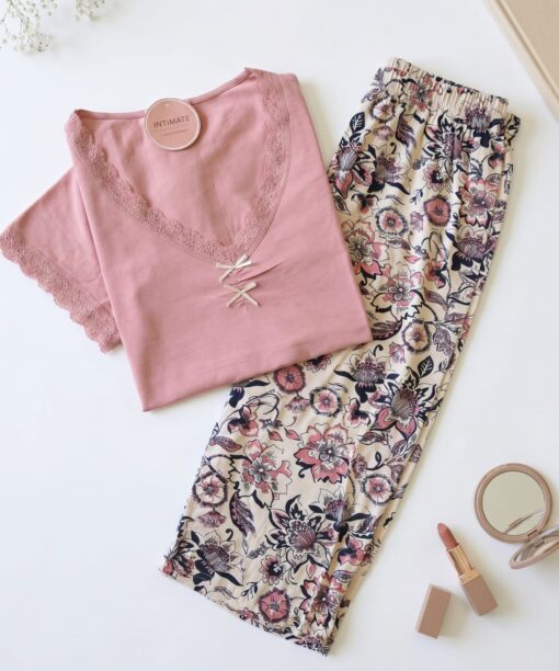 Pyjama Coton Pantacourt Rose Imprimé