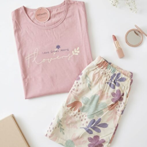 Pyjama Short Coton Rose Imprimé Fleurs