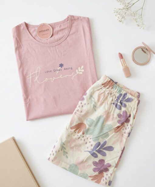 Pyjama Short Coton Rose Imprimé Fleurs