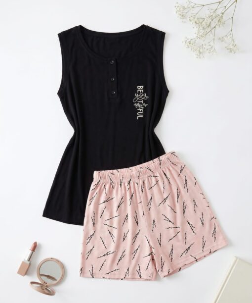Pyjama Short Coton Rose & Noir "Beyoutiful"