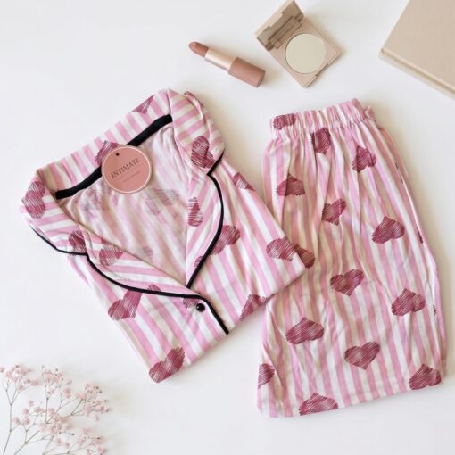 Pyjama Chemise et Short Coton Rose Rayé  Imprimé Cœurs