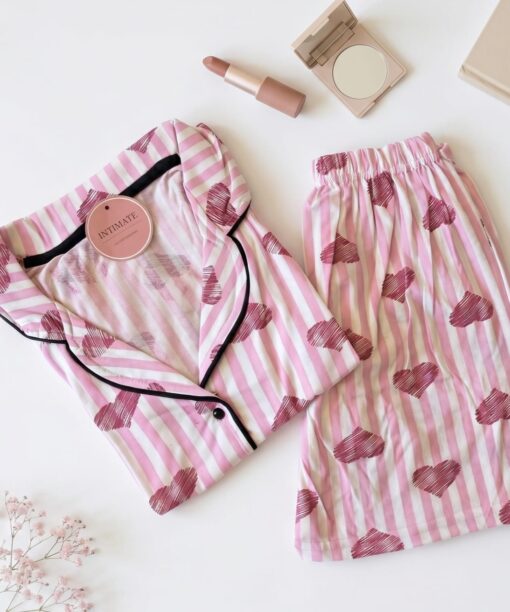 Pyjama Chemise et Short Coton Rose Rayé Imprimé Cœurs