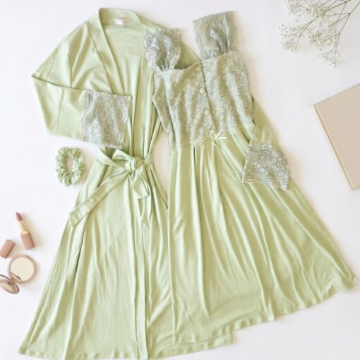 Ensemble 2 Pièces Coton Interlock & Dentelle Vert & 2 Accessoires