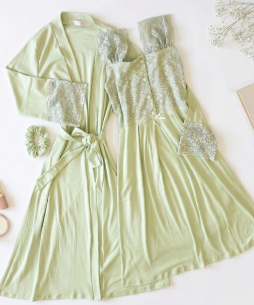 Ensemble 2 Pièces Coton Interlock & Dentelle Vert & 2 Accessoires