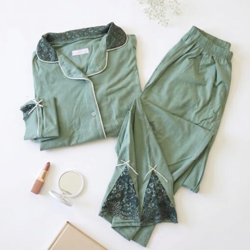 Pyjama Chemise Manches Longues Coton & Dentelle Vert
