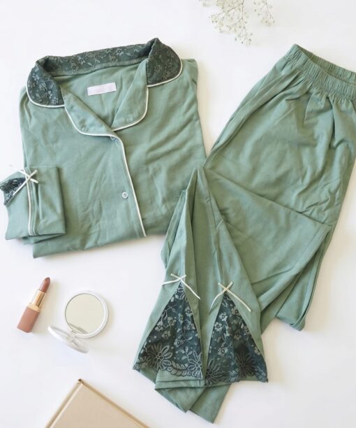 Pyjama Chemise Manches Longues Coton & Dentelle Vert