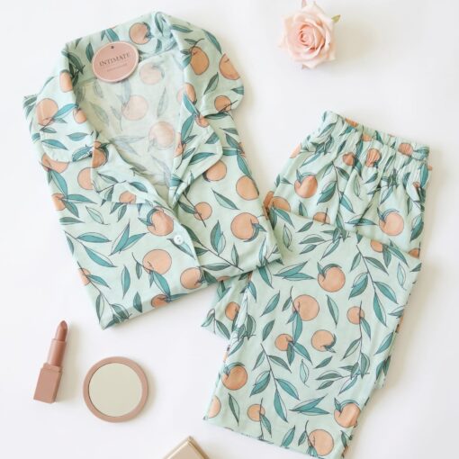 Pyjama Chemise Pantalon Demi Manches Coton Vert Imprimé Peach