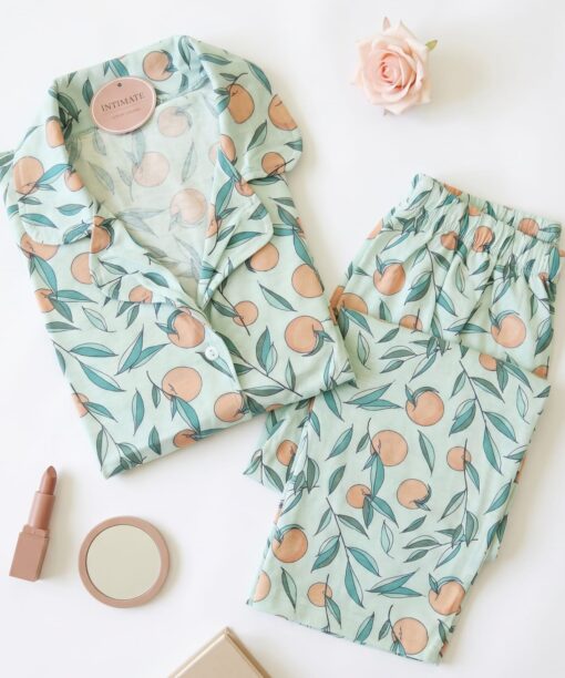 Pyjama Chemise Pantalon Demi Manches Coton Vert Imprimé Peach