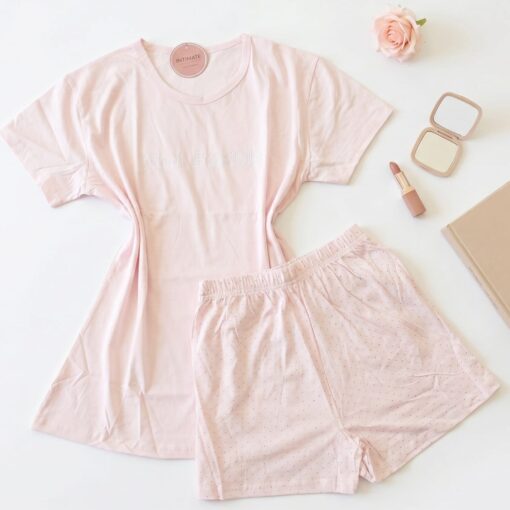 Pyjama Short Demi Manches Coton Rose Bébé Pointillé
