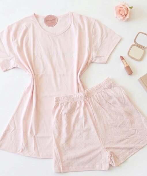 Pyjama Short Demi Manches Coton Rose Bébé Pointillé