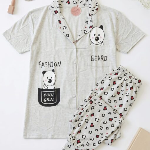 Pyjama Chemise Pantalon Demi Manches Coton Gris "Cool Girl"