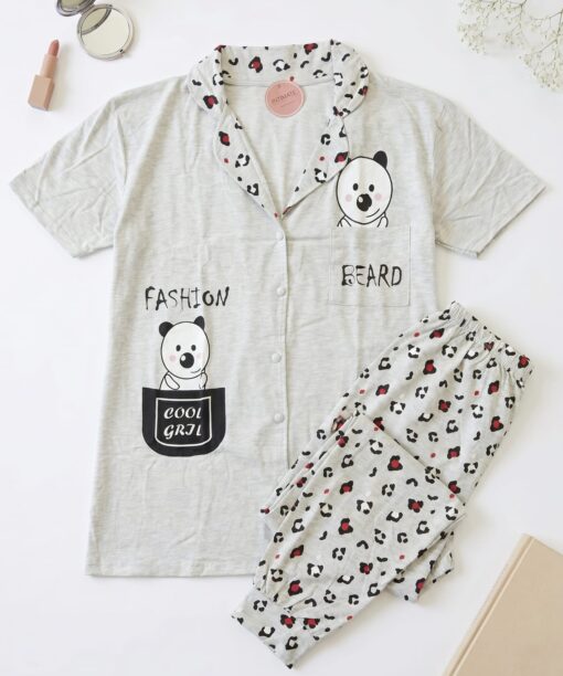 Pyjama Chemise Pantalon Demi Manches Coton Gris "Cool Girl"