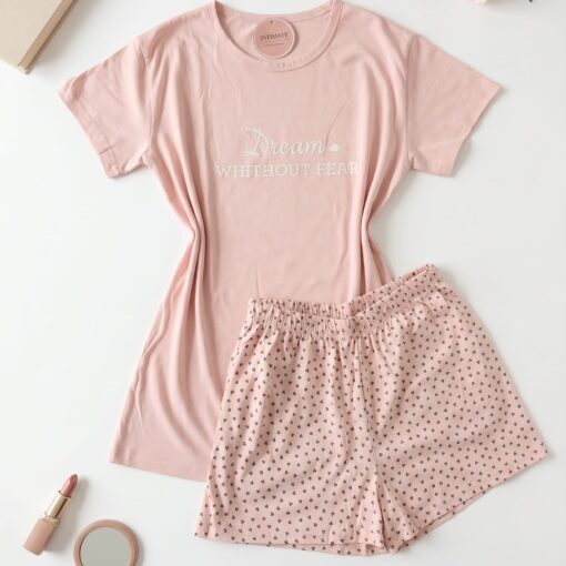 Pyjama Short Demi Manches Coton Rose Bébé Pointillé "Dream Without Fear"