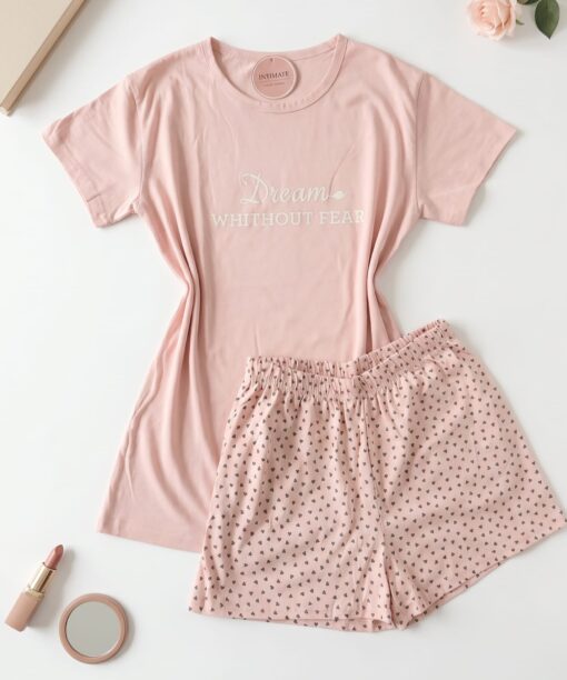 Pyjama Short Demi Manches Coton Rose Bébé Pointillé "Dream Without Fear"