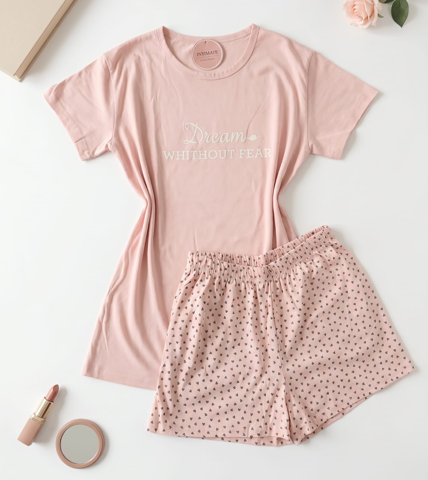 IMG-20260514-WA0043 Pyjama Short Demi Manches Coton Rose Bébé Pointillé "Dream Without Fear" – Image 1