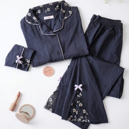 Pyjama Chemise Manches Longues Coton & Dentelle Bleu Mauve