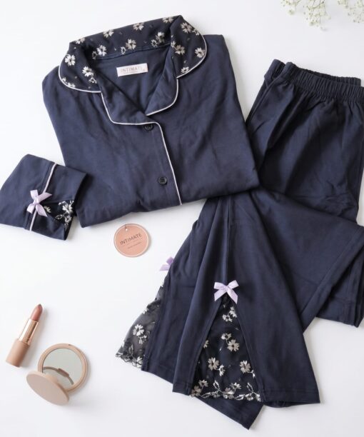 Pyjama Chemise Manches Longues Coton & Dentelle Bleu Mauve