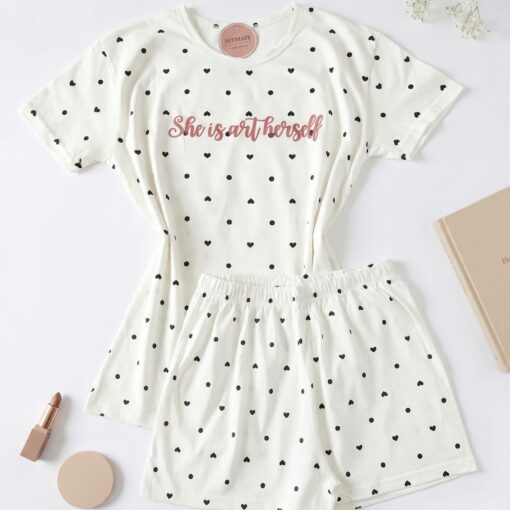Pyjama Short Demi Manches Coton Blanc Pointillé en Noir