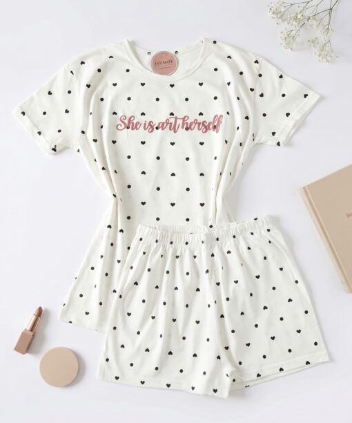 Pyjama Short Demi Manches Coton Blanc Pointillé en Noir