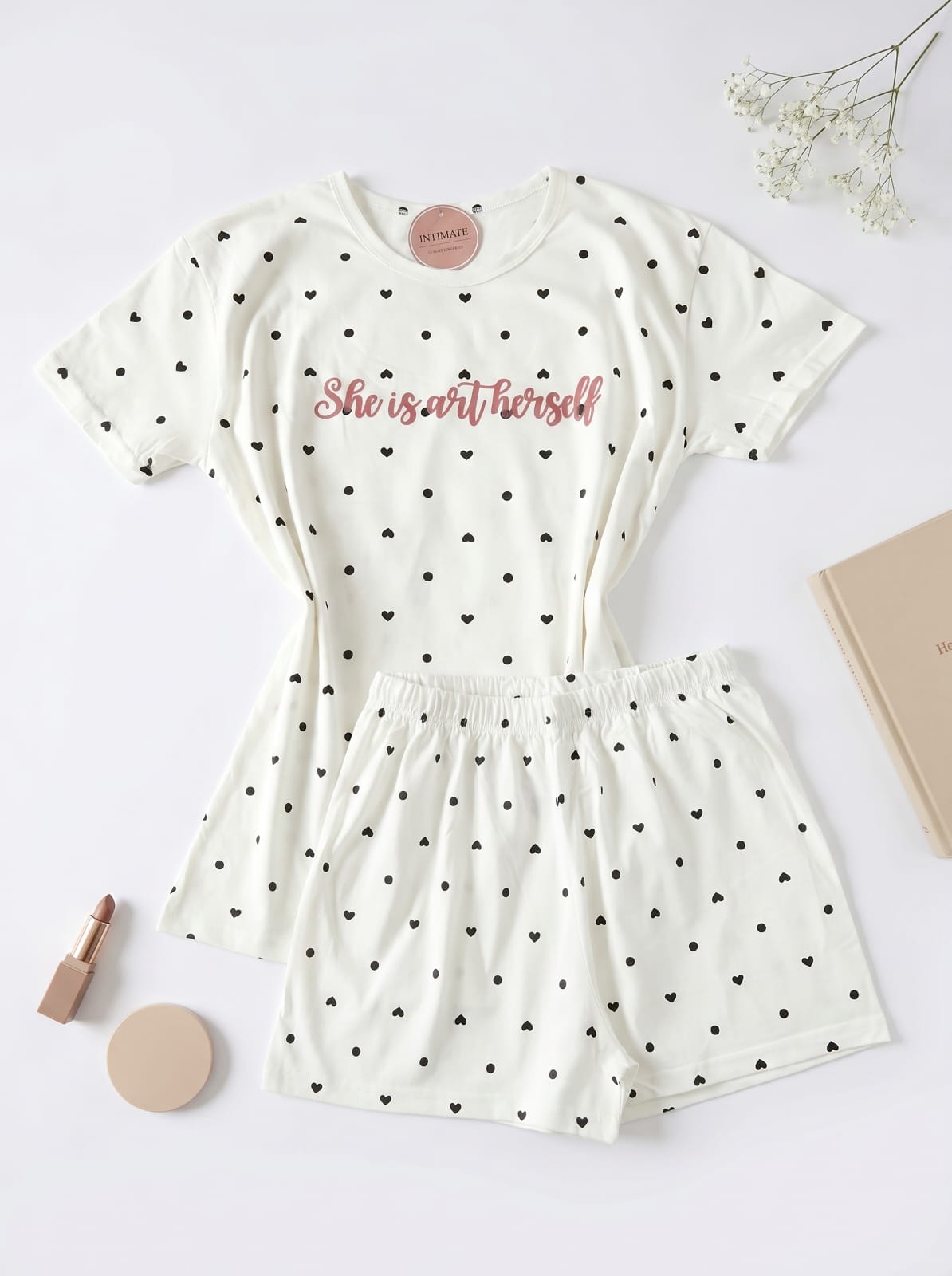 IMG-20260514-WA0047 Pyjama Short Demi Manches Coton Blanc Pointillé en Noir – Image 1