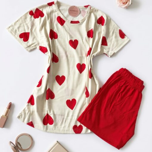 Pyjama Short Demi Manches Coton Rouge Pointillé Cœurs