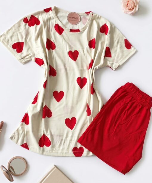 Pyjama Short Demi Manches Coton Rouge Pointillé Cœurs