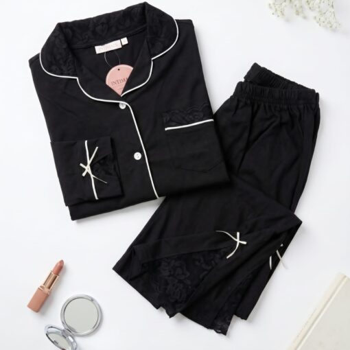 Pyjama Chemise Manches Longues Coton & Dentelle Noir