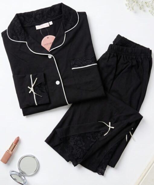 Pyjama Chemise Manches Longues Coton & Dentelle Noir