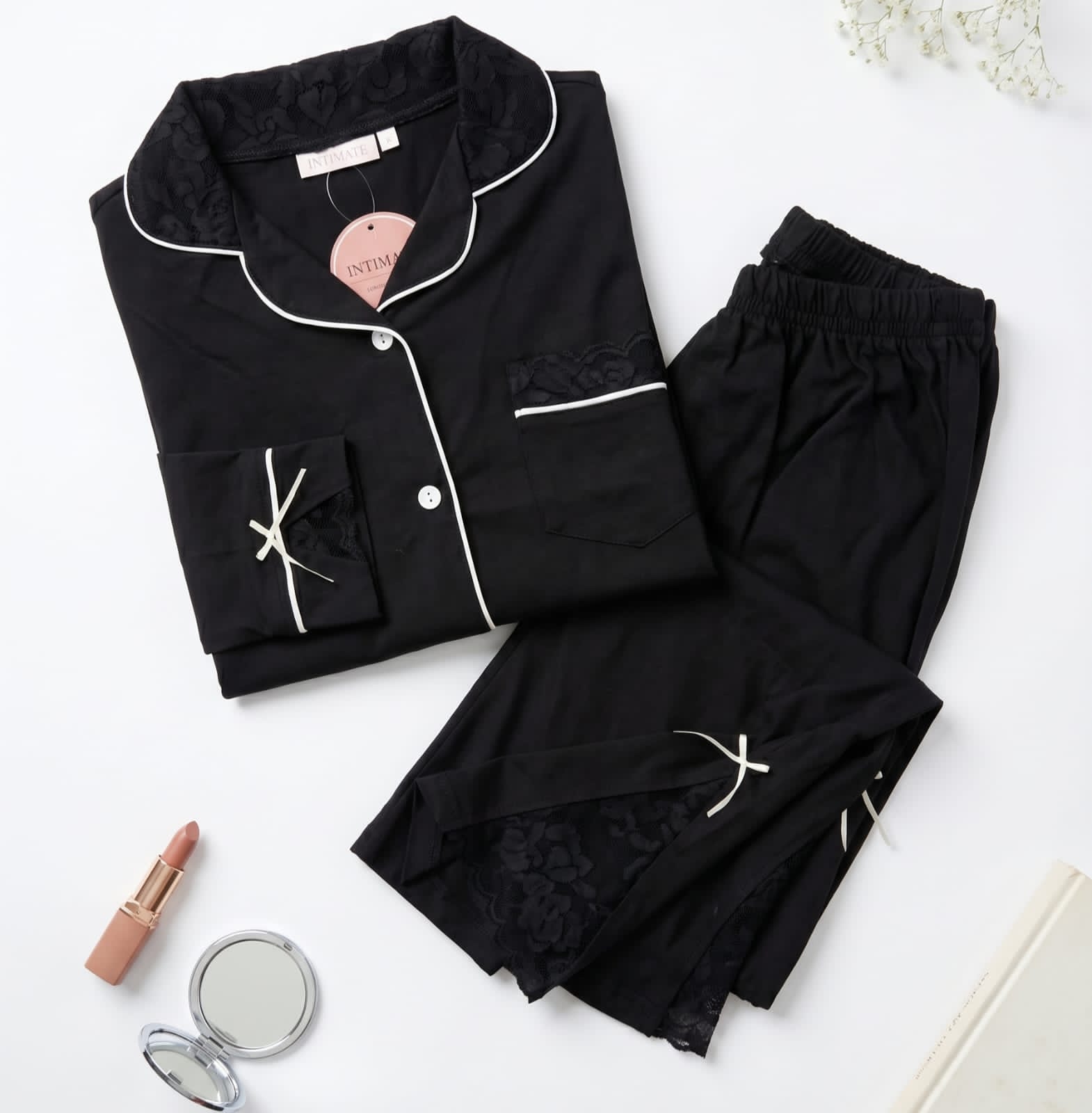 IMG-20260516-WA0002 Pyjama Chemise Manches Longues Coton & Dentelle Noir – Image 1