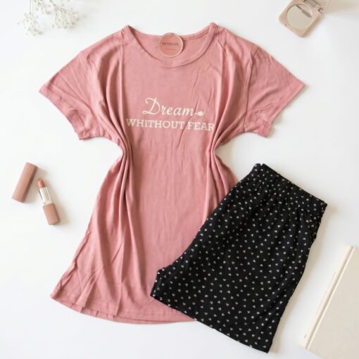 Pyjama Short Demi Manches Coton Rose Noir Pointillé Cœurs