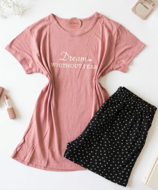 Pyjama Short Demi Manches Coton Rose Noir Pointillé Cœurs
