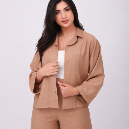 Ensemble 2 Pièces Chemise & Short Camel – 100% Viscose