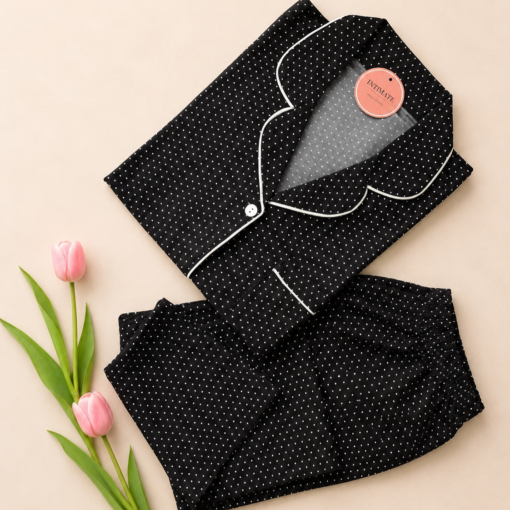 Pyjama Noir à Pois en Coton Viscose – Chemise & Pantalon