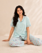 Pyjama Femme 100% Coton Vert Menthe à Motifs Kawaii