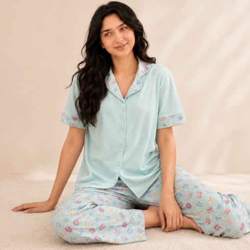 Pyjama Femme 100% Coton Vert Menthe à Motifs Kawaii
