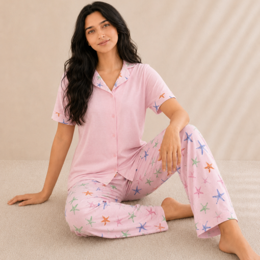 Pyjama Femme Coton Rose Étoiles de Mer