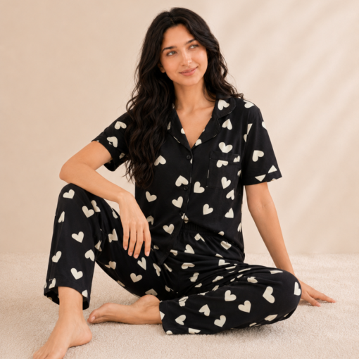 Pyjama Coton Cœurs Écrus – Noir