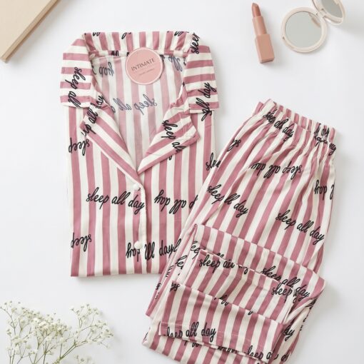 Pyjama Chemise Demi Manches Coton Rayé rose